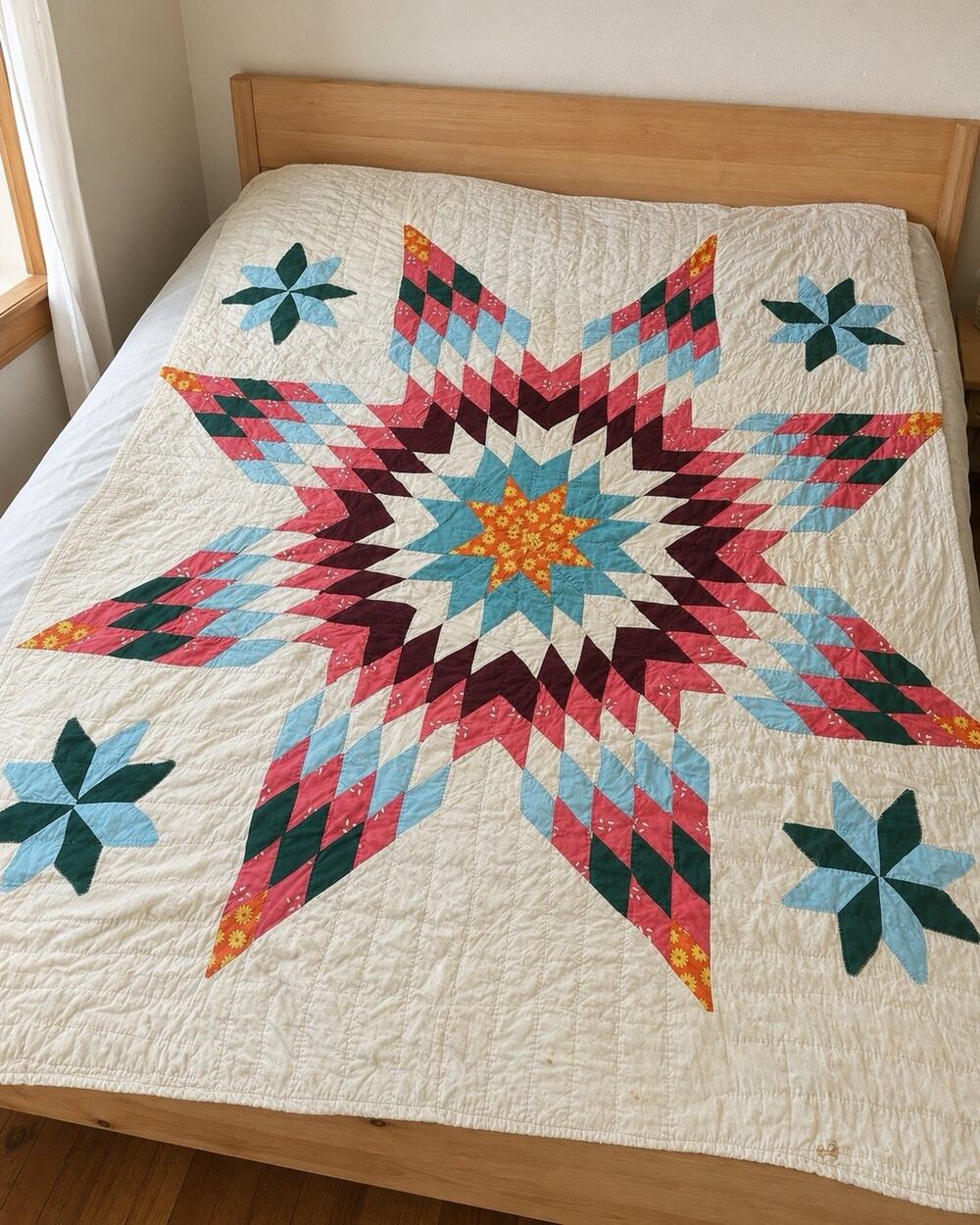 Vintage Handmade Lone Star Quilt 65x82 Star of Bethlehem Colorful Folk Art